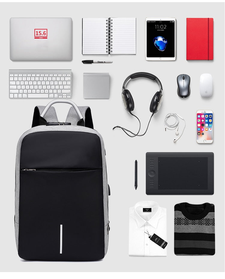 Mochila antirrobo para portátil unisex con carga USB y cremalleras ocultas