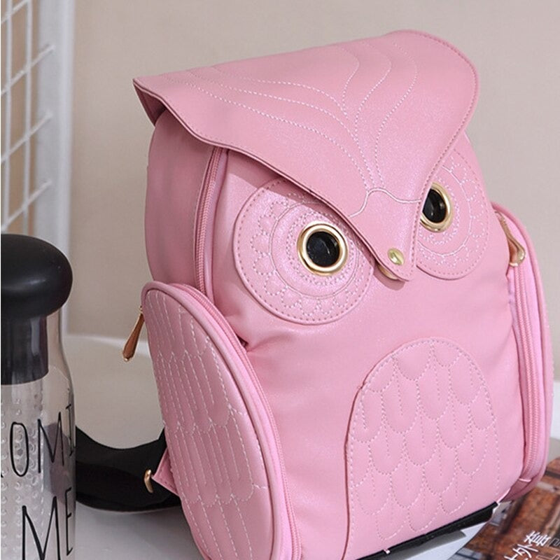 Mochila de cuero PU para mujer con estampado de búho y múltiples bolsillos
