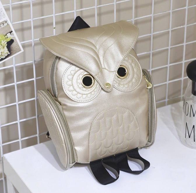 Mochila de cuero PU para mujer con estampado de búho y múltiples bolsillos