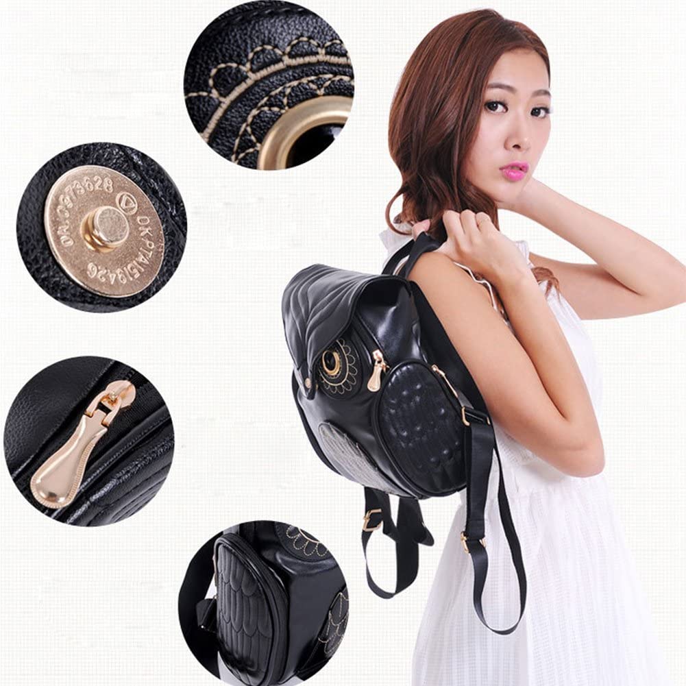 Mochila de cuero PU para mujer con estampado de búho y múltiples bolsillos