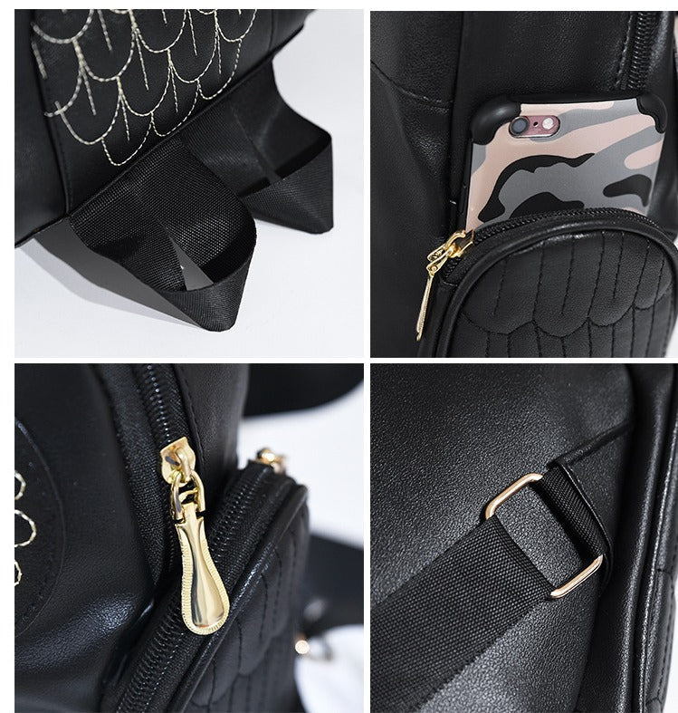 Mochila de cuero PU para mujer con estampado de búho y múltiples bolsillos
