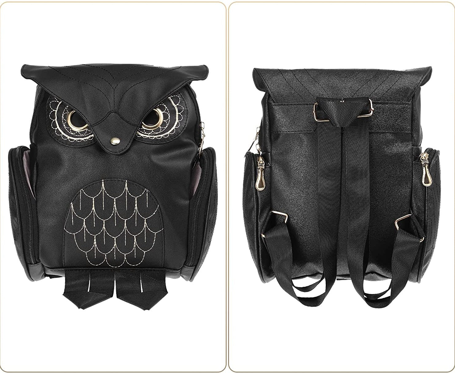 Mochila de cuero PU para mujer con estampado de búho y múltiples bolsillos