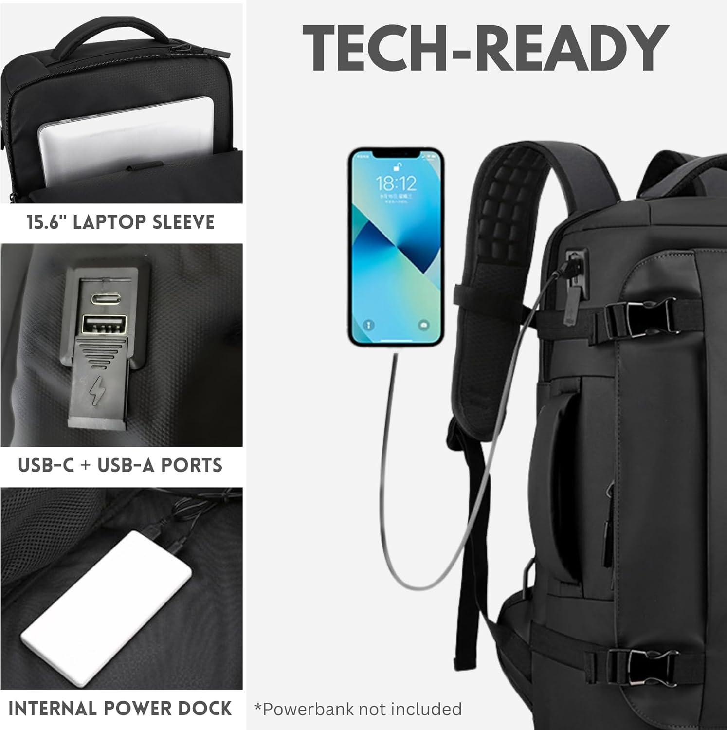 Mochila Impermeable para Portátil de 15” (38,1 cm) con Apertura Lateral y Puerto USB-C