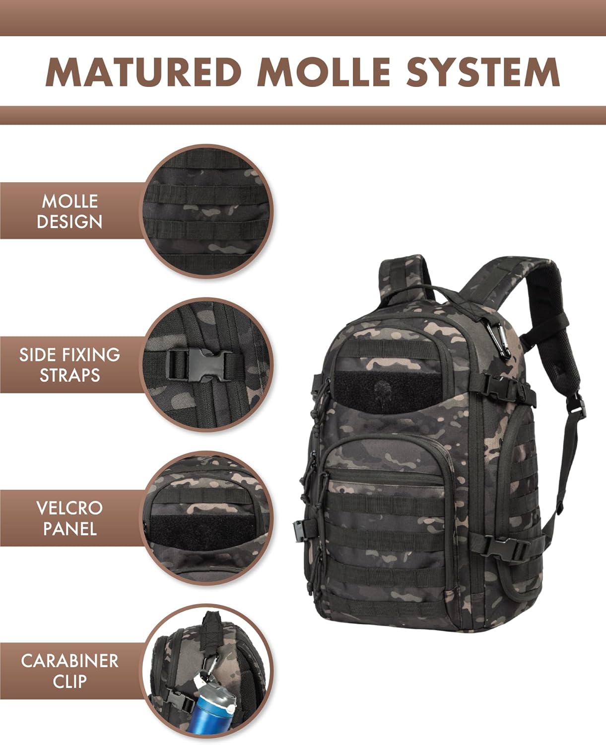 Mochila táctica unisex de 35 L con sistema Molle y bolsillo para portátil