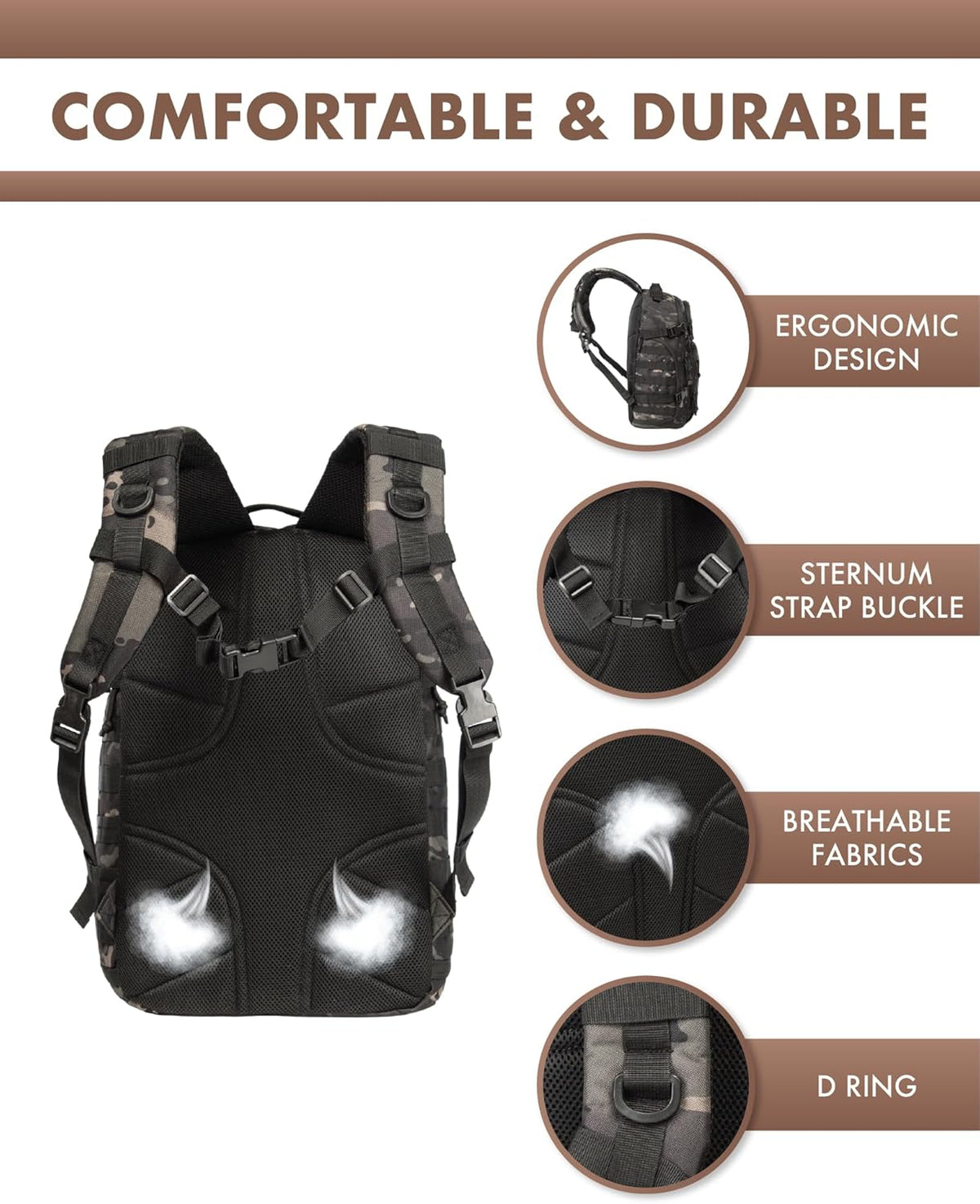 Mochila táctica unisex de 35 L con sistema Molle y bolsillo para portátil