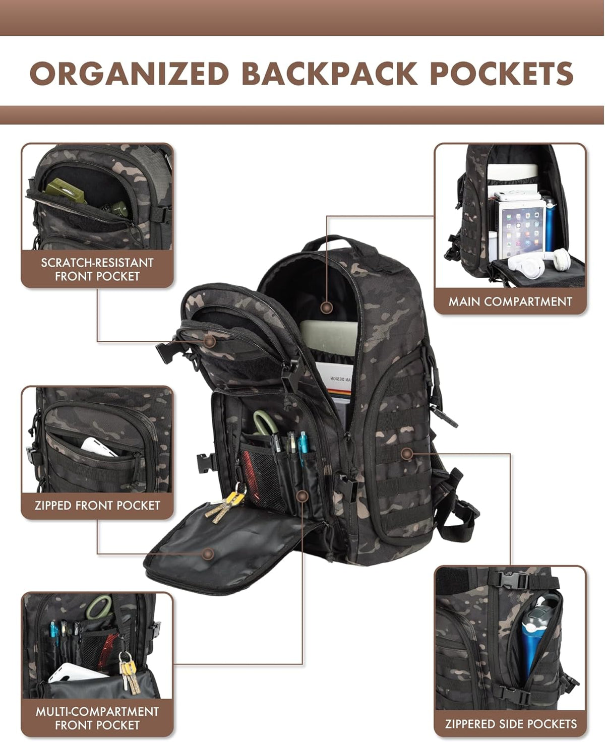 Mochila táctica unisex de 35 L con sistema Molle y bolsillo para portátil