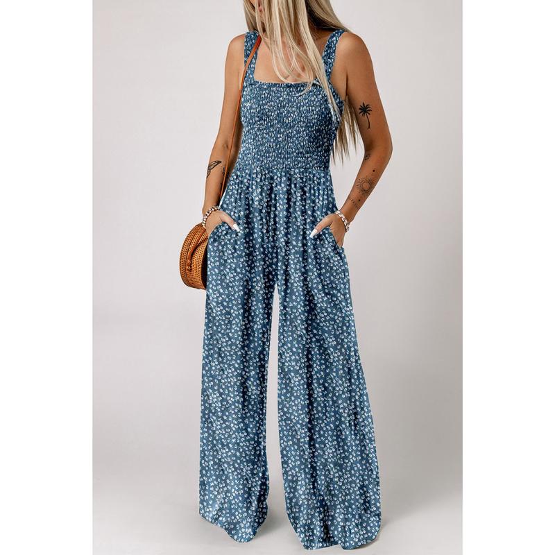 Mono largo de mujer con estampado floral, cuerpo fruncido tipo nido de abeja y pernera ancha