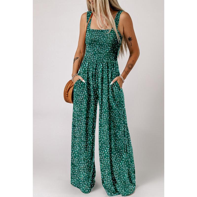 Mono largo de mujer con estampado floral, cuerpo fruncido tipo nido de abeja y pernera ancha