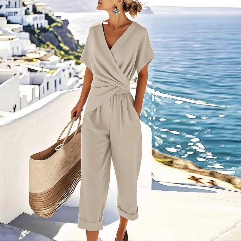 Mono largo para mujer con escote en V y manga corta – Estilo veraniego elegante y casual