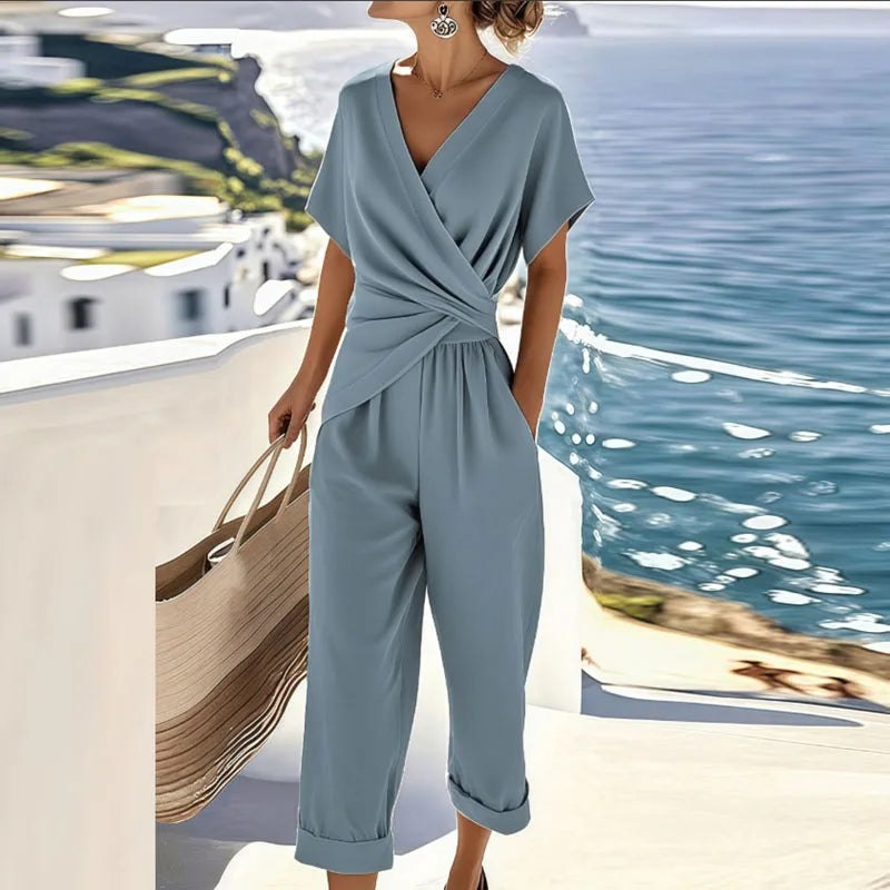 Mono largo para mujer con escote en V y manga corta – Estilo veraniego elegante y casual