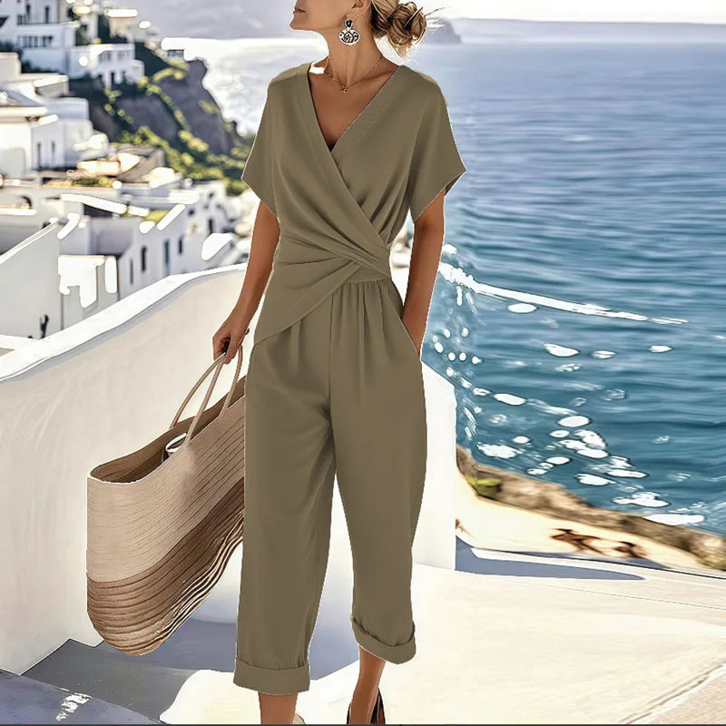 Mono largo para mujer con escote en V y manga corta – Estilo veraniego elegante y casual