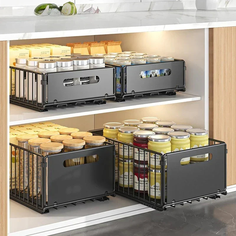 Organizador Extensible de Cajón para Especias para Armarios Profundos, Acero al Carbono, Negro