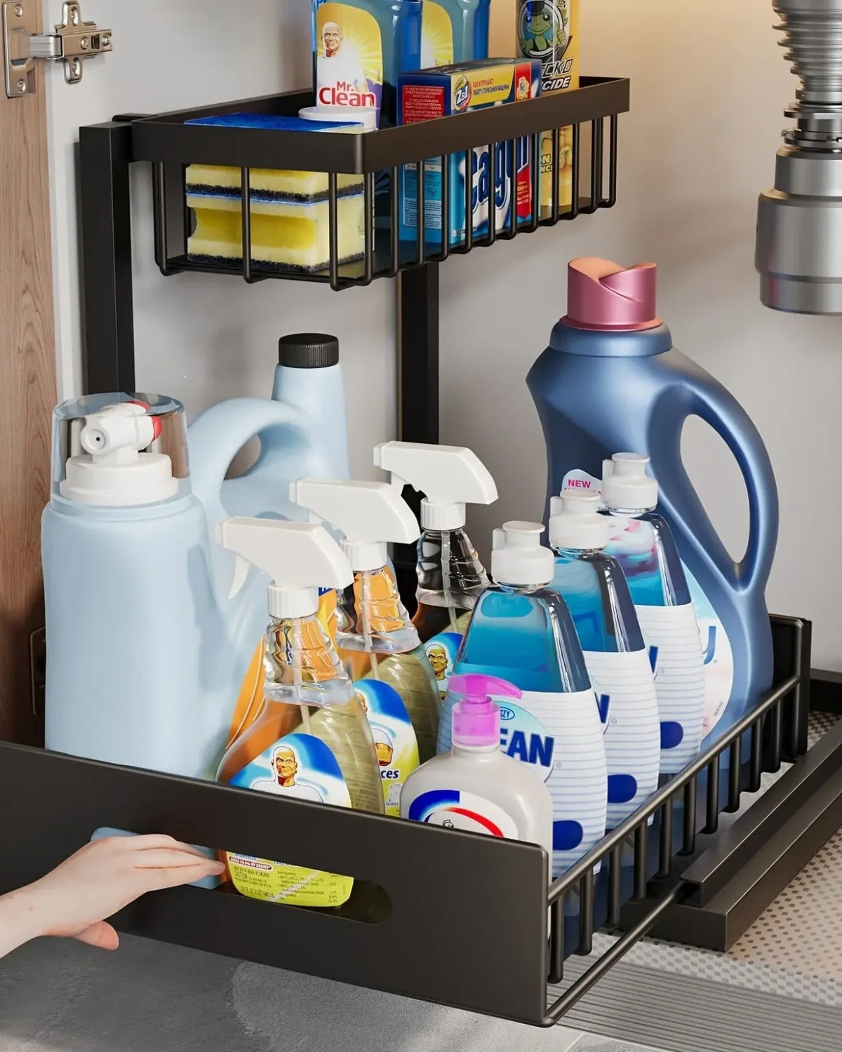 Organizador extraíble para bajo armario de dos niveles en negro y blanco