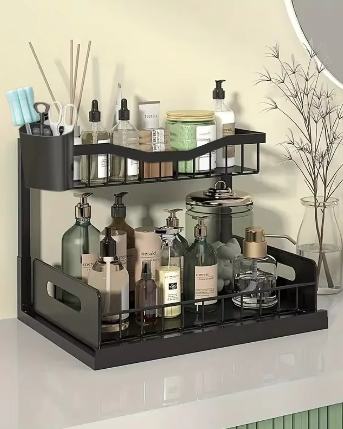 Organizador extraíble para bajo armario de dos niveles en negro y blanco