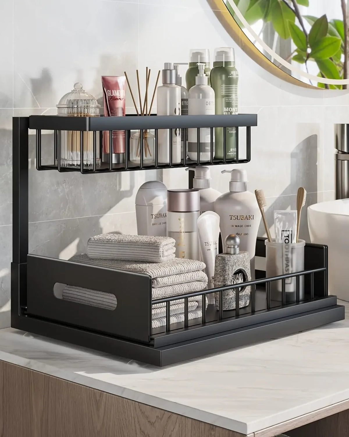 Organizador extraíble para bajo armario de dos niveles en negro y blanco