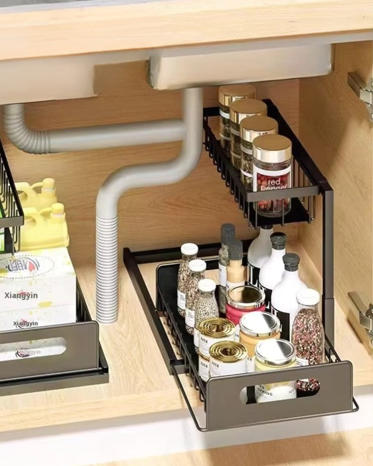Organizador extraíble para bajo armario de dos niveles en negro y blanco