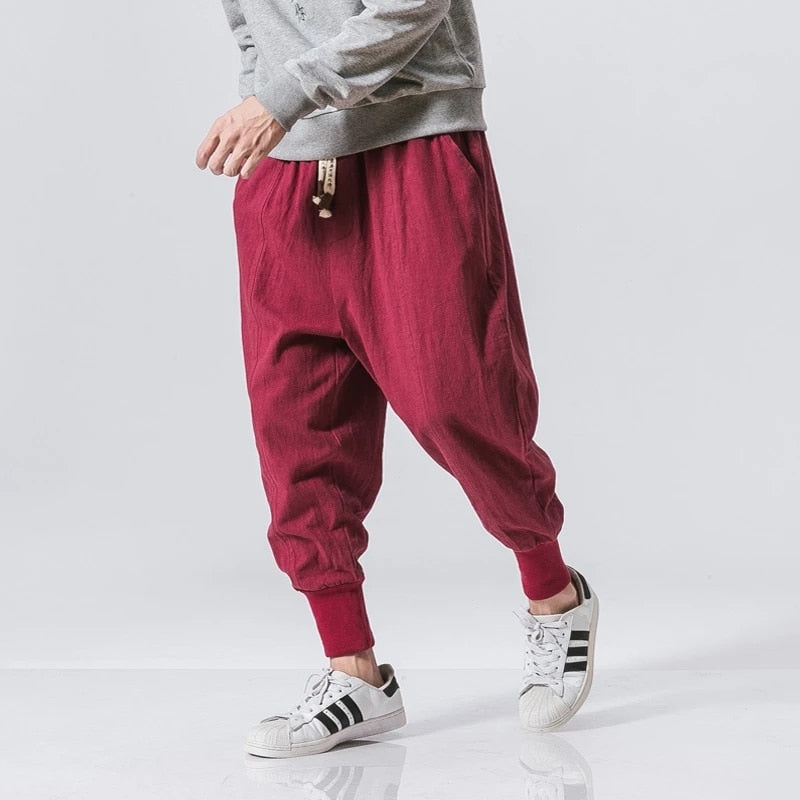 Pantalón bombacho de algodón y lino