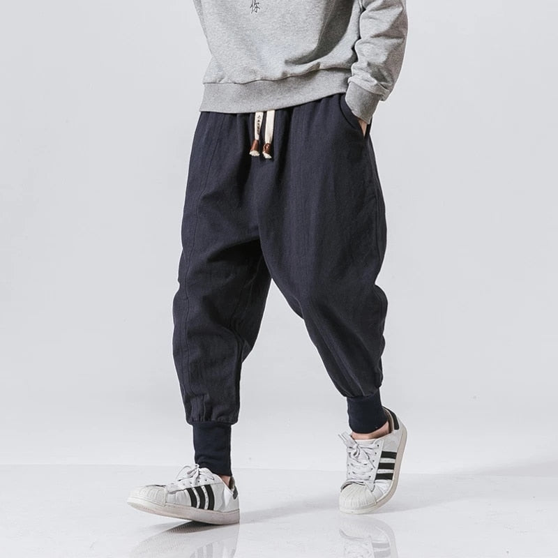 Pantalón bombacho de algodón y lino
