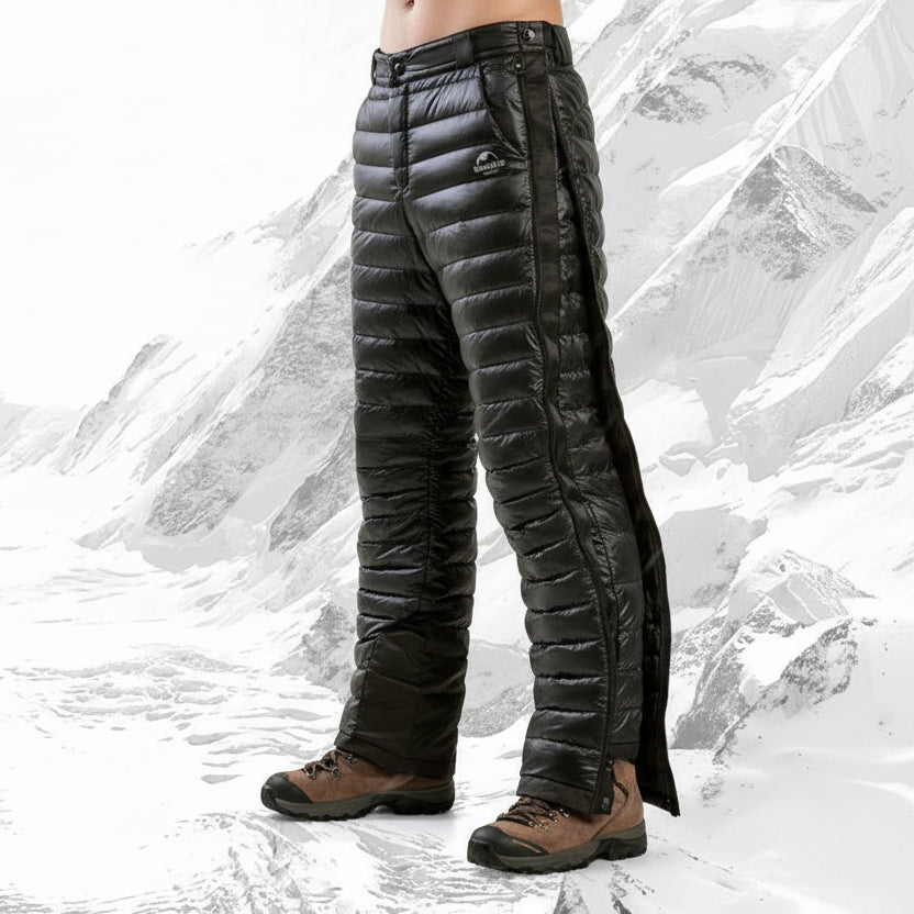 Pantalón térmico de plumón de ganso con cremallera para actividades al aire libre, camping, senderismo y esquí