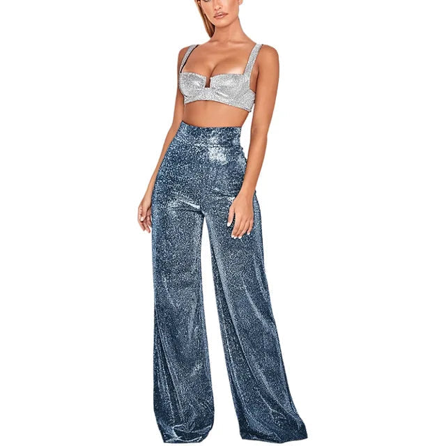Pantalones brillantes para mujer de talle alto con detalles de lentejuelas
