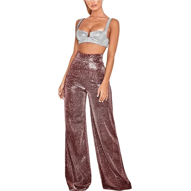 Pantalones brillantes para mujer de talle alto con detalles de lentejuelas