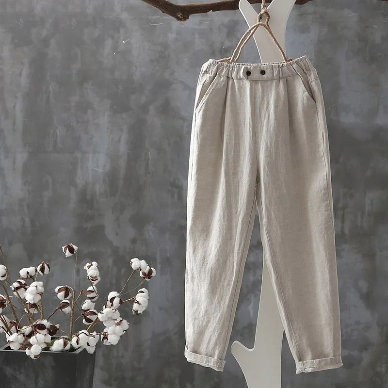 Pantalones clásicos de lino con cintura elástica, cómodos y versátiles