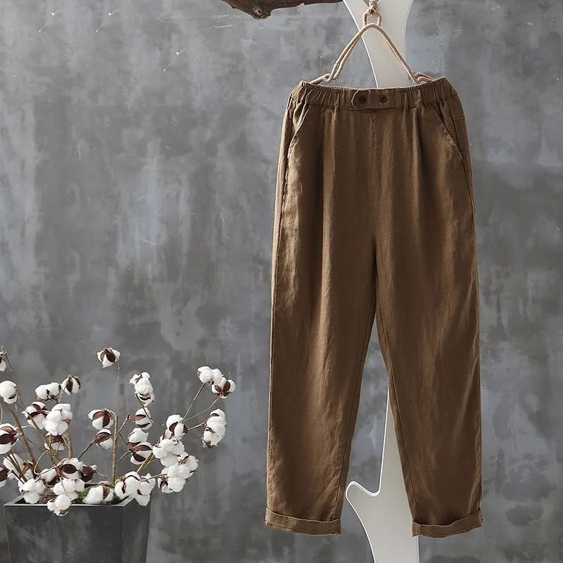 Pantalones clásicos de lino con cintura elástica, cómodos y versátiles