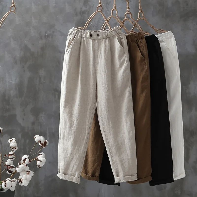 Pantalones clásicos de lino con cintura elástica, cómodos y versátiles