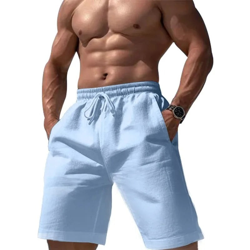 Pantalones cortos elásticos de algodón y lino para hombre