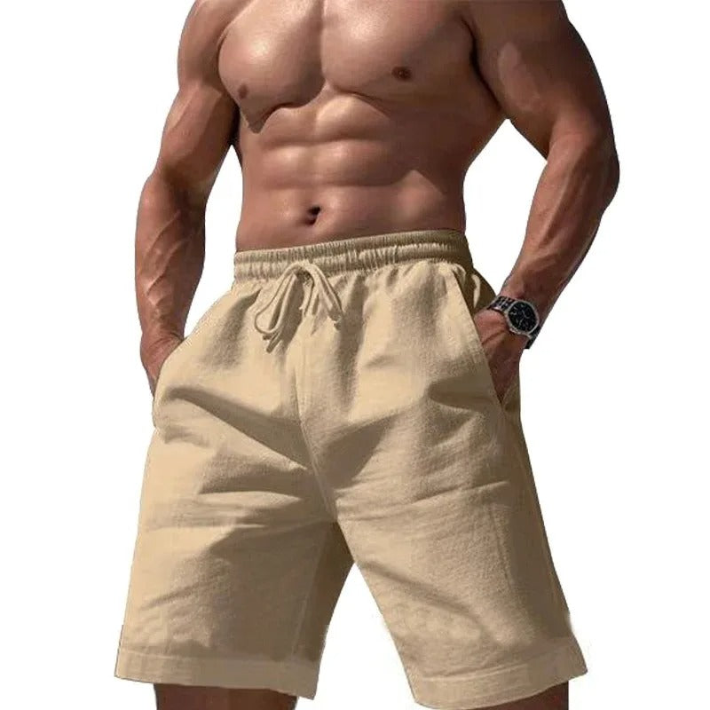 Pantalones cortos elásticos de algodón y lino para hombre