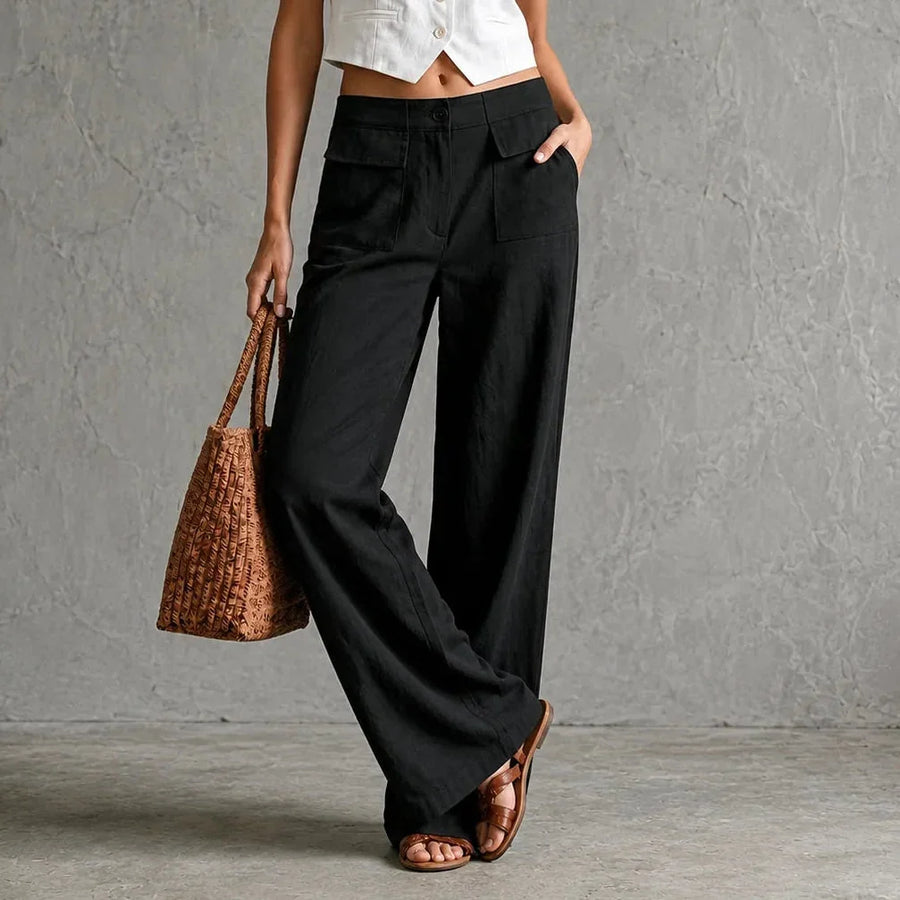 Pantalones de pernera ancha con bolsillos y tiro alto