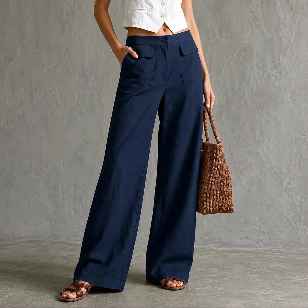 Pantalones de pernera ancha con bolsillos y tiro alto