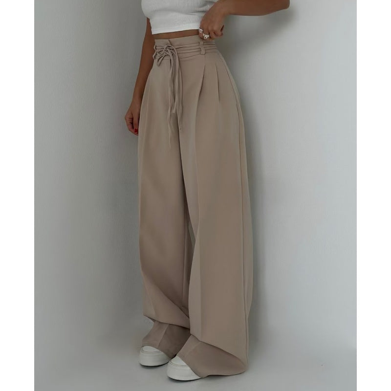 Pantalones de talle alto con pliegues y perneras anchas para mujer