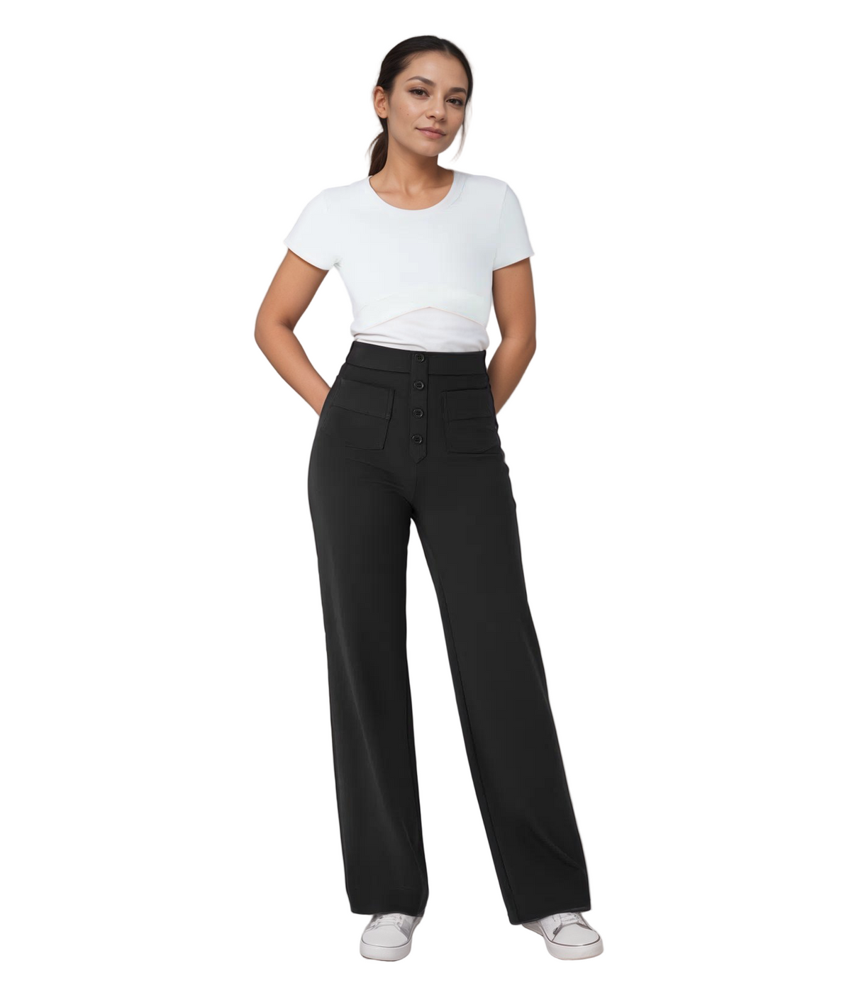 Pantalones elásticos de cintura alta en tejido suave para mujer