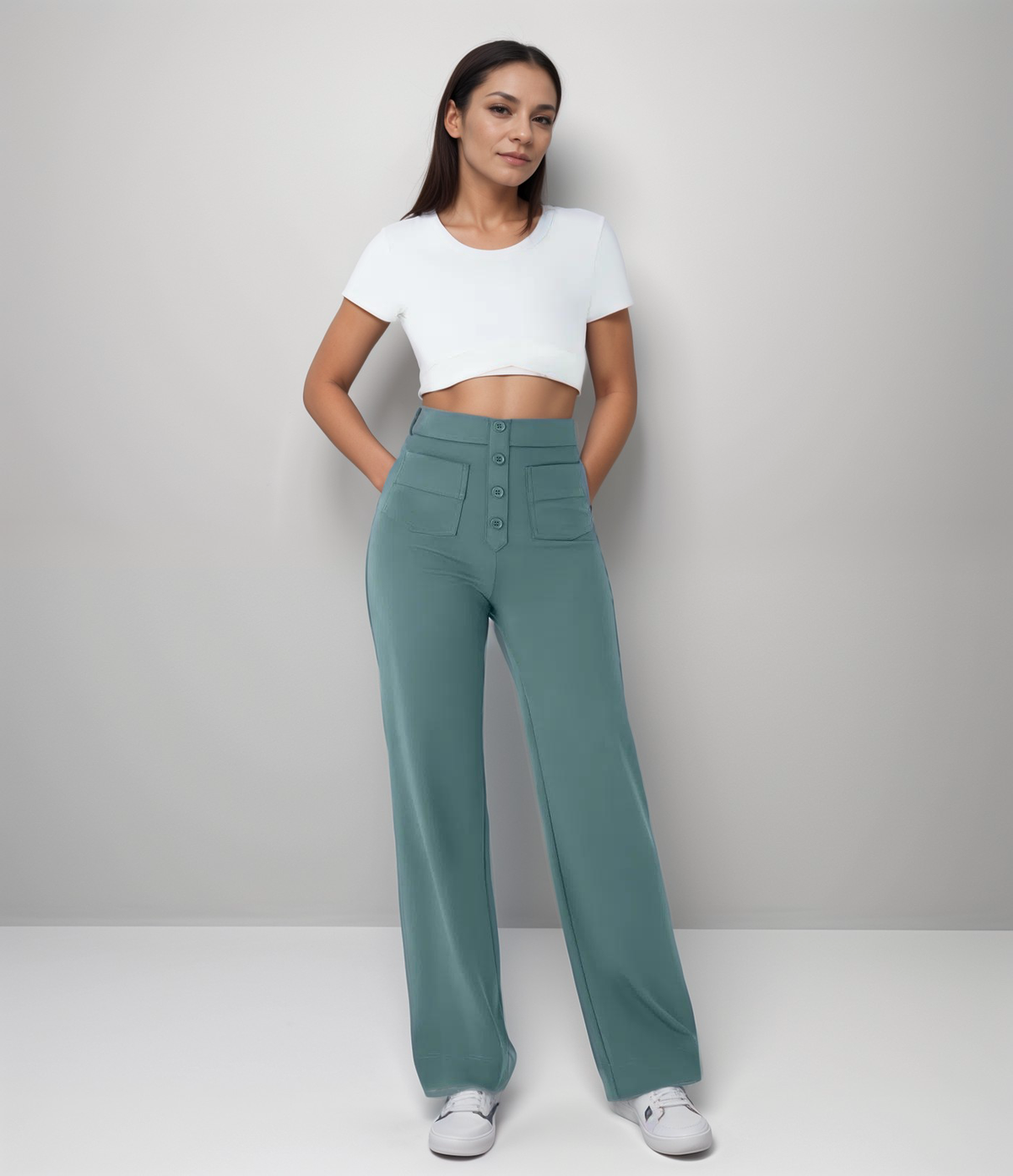 Pantalones elásticos de cintura alta en tejido suave para mujer