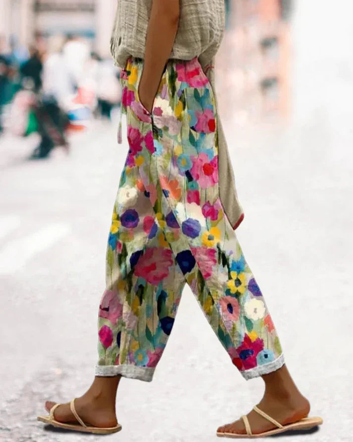 Pantalones ligeros estilo boho para mujer con bolsillos y estampado floral de colores