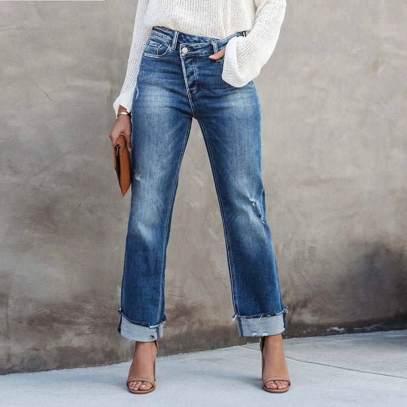 Pantalones vaqueros rectos para mujer con efecto desgastado