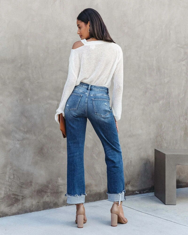 Pantalones vaqueros rectos para mujer con efecto desgastado