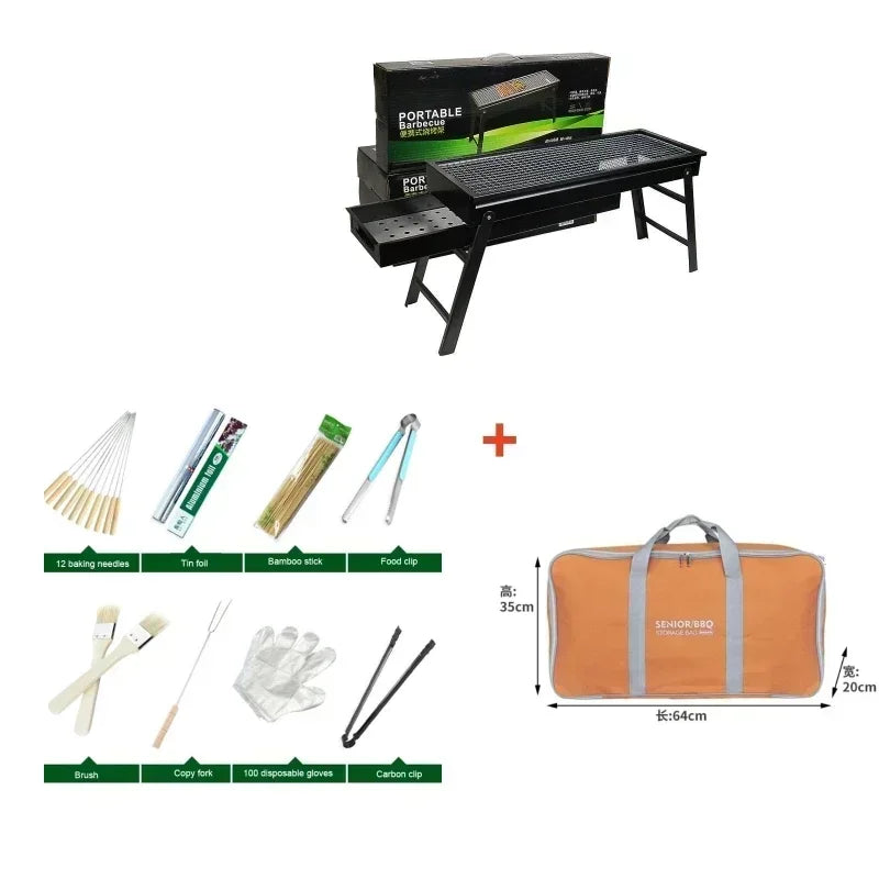 Parrilla de Carbón Plegable Profesional | Portátil y Estable | Para Exteriores, Camping y Picnic | 60 × 20 × 31,5 cm