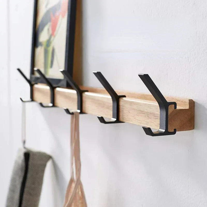 Perchero de Pared con Ganchos Deslizantes: Elegante Combinación de Madera y Metal