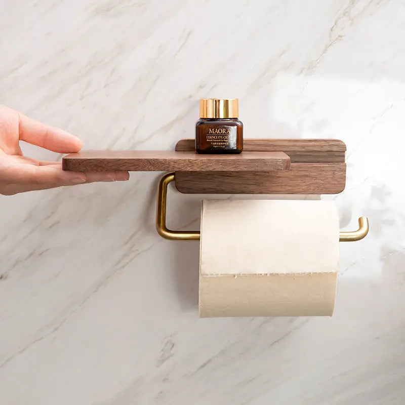 Portarrollos de Papel Higiénico de Pared con Estante de Madera de Nogal - Acabado Marrón