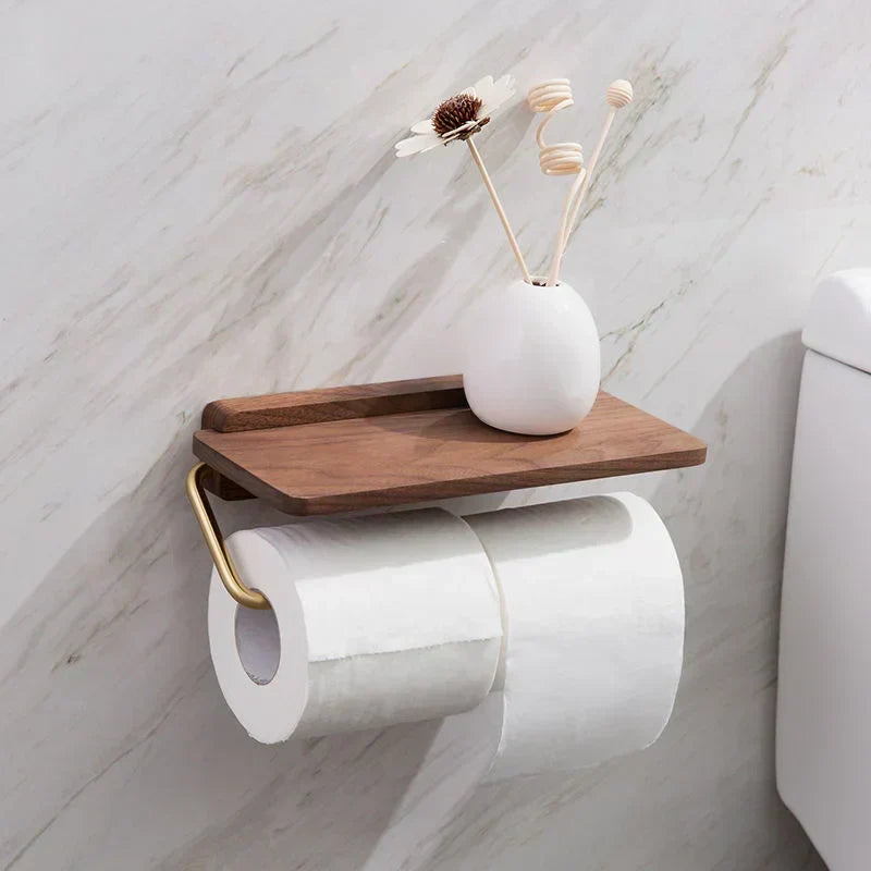 Portarrollos de Papel Higiénico de Pared con Estante de Madera de Nogal - Acabado Marrón