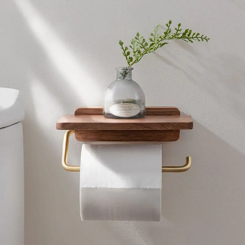 Portarrollos de Papel Higiénico de Pared con Estante de Madera de Nogal - Acabado Marrón