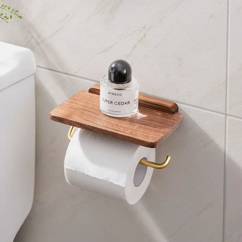Portarrollos de Papel Higiénico de Pared con Estante de Madera de Nogal - Acabado Marrón