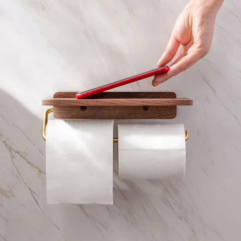 Portarrollos de Papel Higiénico de Pared con Estante de Madera de Nogal - Acabado Marrón