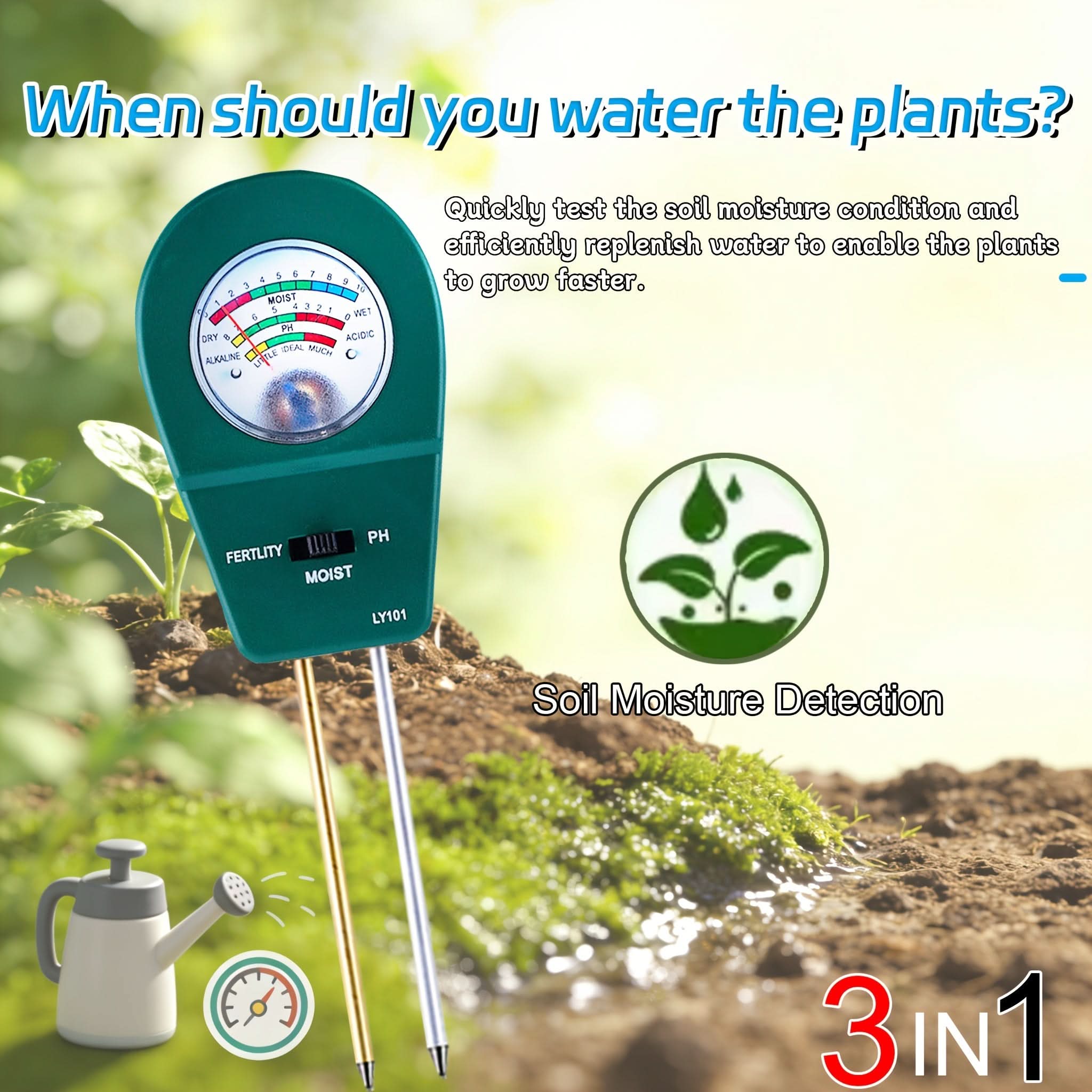Probador de suelo 3 en 1 para humedad, nutrientes y pH para plantas sanas