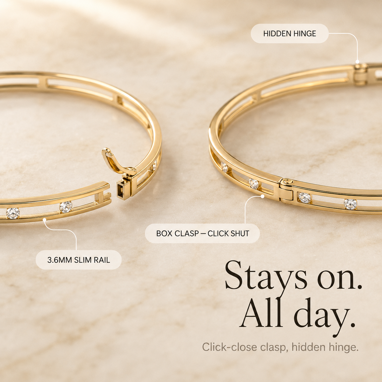 Pulsera Rígida de Oro con Cristales Flotantes
