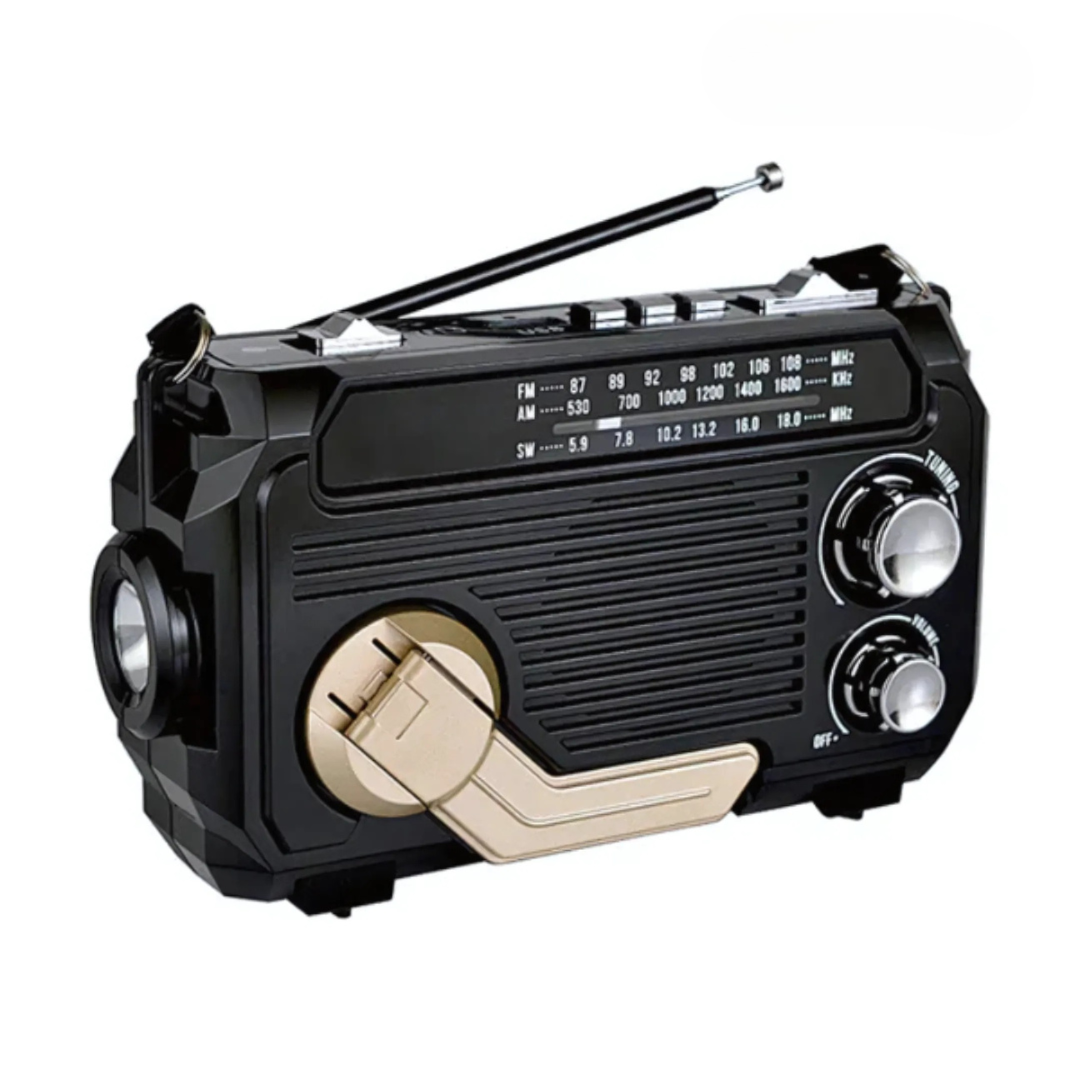 Radio de emergencia con batería externa integrada: manivela, carga solar y USB, AM/FM, linterna LED y alarma SOS