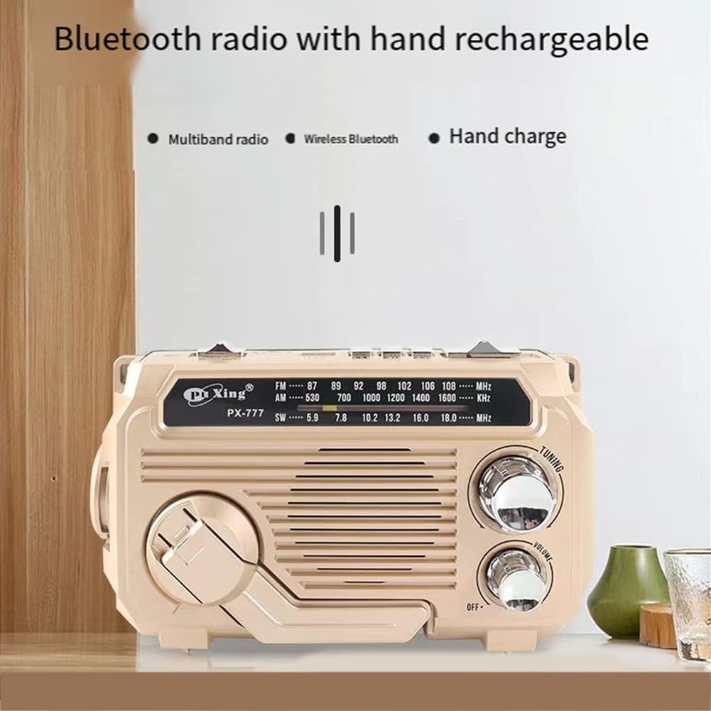 Radio de emergencia con batería externa integrada: manivela, carga solar y USB, AM/FM, linterna LED y alarma SOS