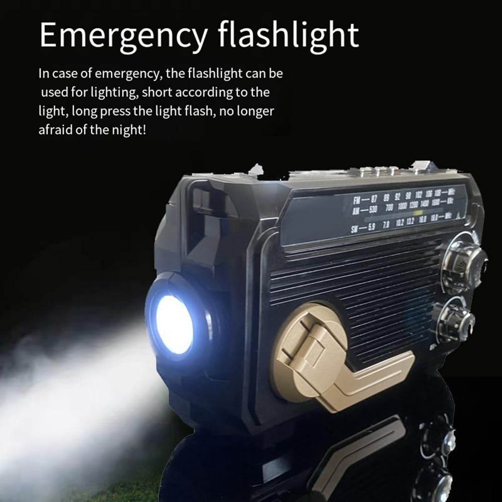 Radio de emergencia con batería externa integrada: manivela, carga solar y USB, AM/FM, linterna LED y alarma SOS